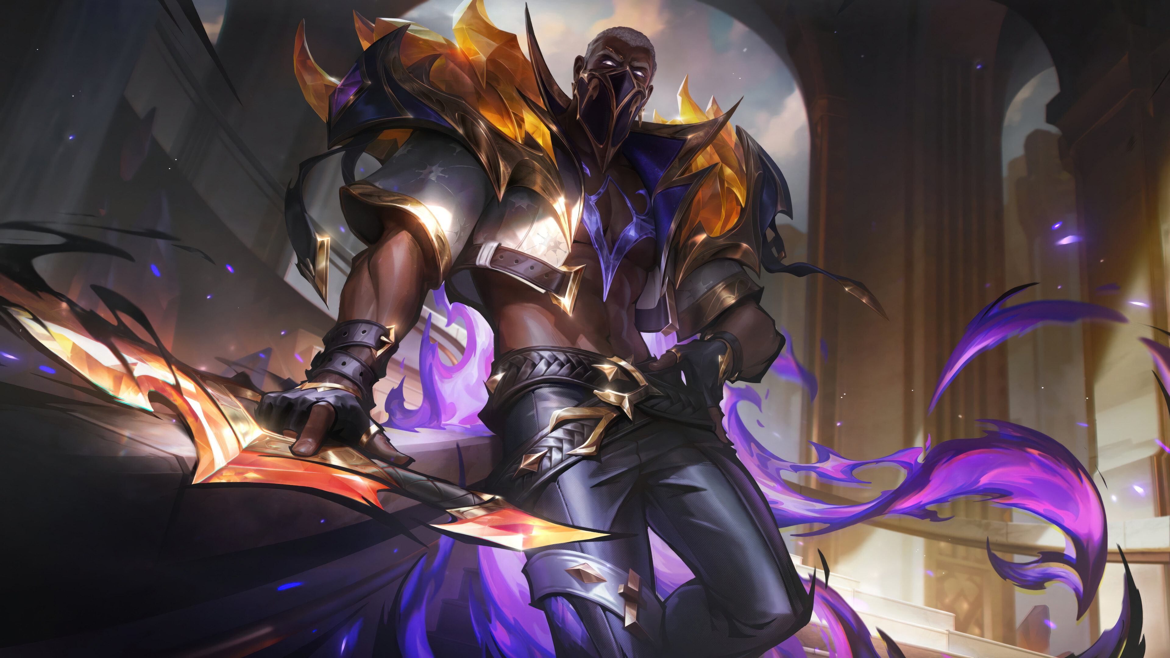 A mesmerizing 4K wallpaper showcasing the prestigious Soul Fighter Pyke skin from League of Legends. Pyke, the feared Bloodharbor Ripper, is adorned in an elegant and exclusive outfit with golden accents and ethereal effects.