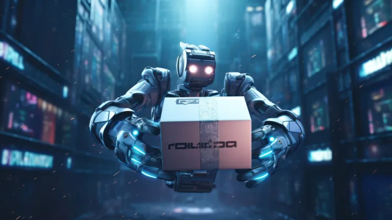 A visually stunning 4K wallpaper showcasing a futuristic scene of robot cargo delivery powered by artificial intelligence. This AI-generated wallpaper represents the advanced technology and automation used in transportation and logistics.