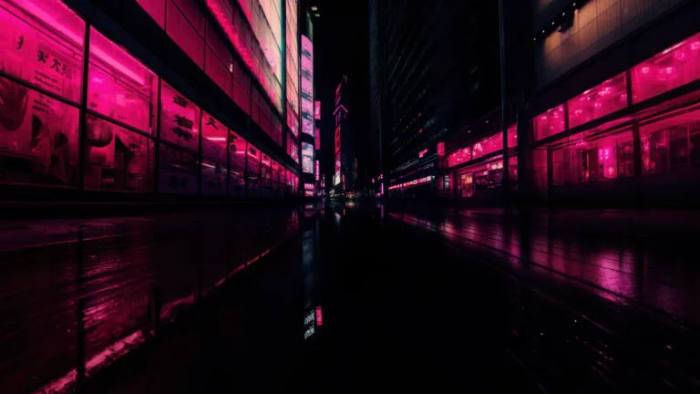 A mesmerizing 4K wallpaper showcasing Tokyo's vibrant streets at night, adorned with pink neon lights. This AI-generated masterpiece captures the essence of urban photography, providing a captivating cityscape view.