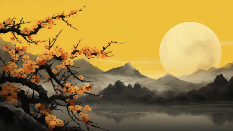 A breathtaking 4K wallpaper showcasing a beautiful Japanese painting of trees and mountains in vibrant yellow hues, crafted with the brilliance of artificial intelligence, creating a stunning piece of nature and landscape art.