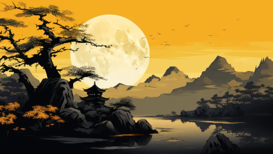 A visually captivating 4K wallpaper showcasing a yellow Japanese painting generated by AI. This masterpiece blends traditional Asian art with cutting-edge digital techniques, offering a unique and mesmerizing visual experience.