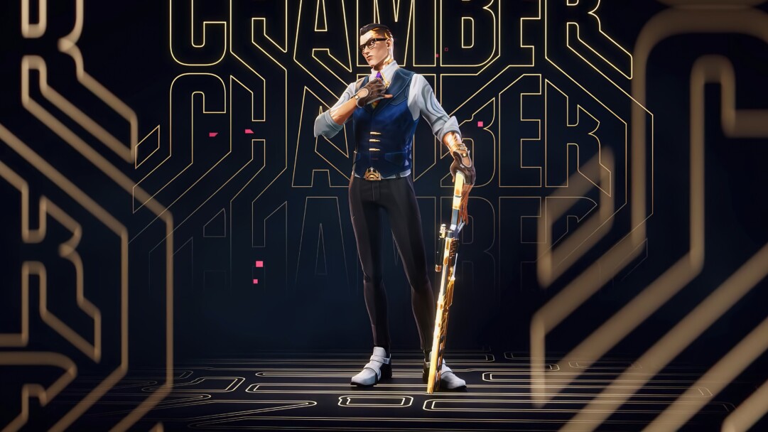 A high-resolution 4K wallpaper featuring Agent Chamber from the popular game Valorant. Chamber, known for expertise in robotics and technology, is depicted in an action-packed pose.