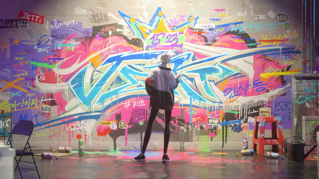 A vibrant and exciting 4K wallpaper featuring Agent Jett from Valorant in a graffiti-themed artwork. Jett, the agile duelist, stands out with colorful and energetic graffiti elements around her.