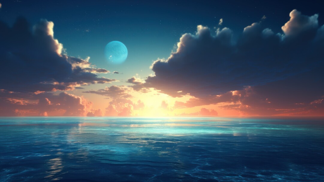 A breathtaking 4K wallpaper, crafted by AI, capturing the stunning moment where fluffy clouds gently meet the tranquil sea, creating a serene coastal view that embodies the beauty of nature and the peaceful ambiance of the landscape.