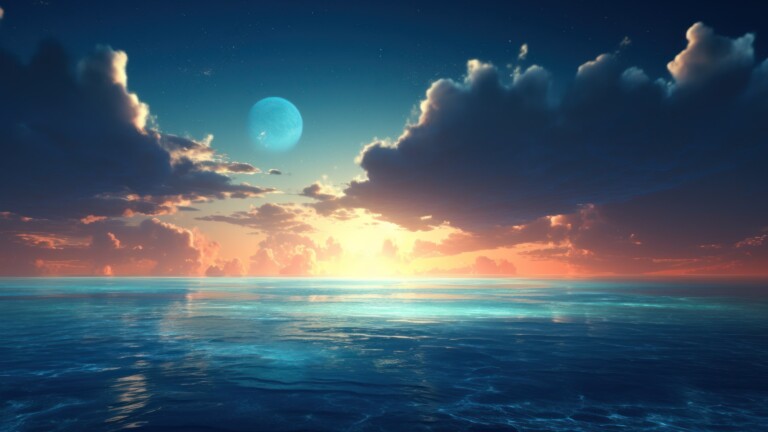 A breathtaking 4K wallpaper, crafted by AI, capturing the stunning moment where fluffy clouds gently meet the tranquil sea, creating a serene coastal view that embodies the beauty of nature and the peaceful ambiance of the landscape.