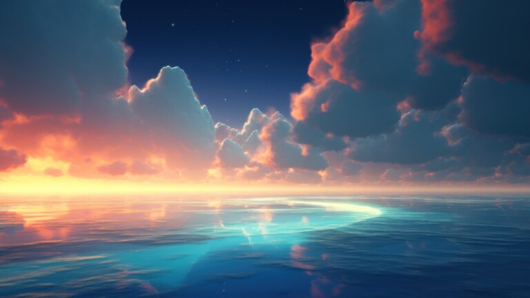 A breathtaking 4K wallpaper, crafted by AI, capturing the stunning moment where fluffy clouds gently meet the tranquil sea, creating a serene coastal view that embodies the beauty of nature and the peaceful ambiance of the landscape.