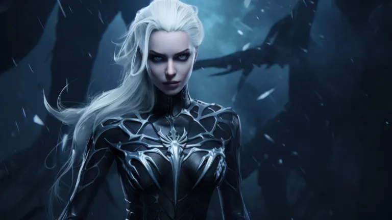 An extraordinary 4K wallpaper generated by AI, depicting Elsa as Spider-Venom, a dark fantasy character with a mix of beauty and venomous power, making it an excellent choice for fans of superheroes and fantasy themes.