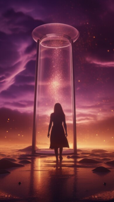 A stunning 4K wallpaper created by AI, depicting a girl walking into a futuristic capsule, forming a captivating sci-fi scene, perfect for enhancing your desktop with a touch of imaginative fantasy.