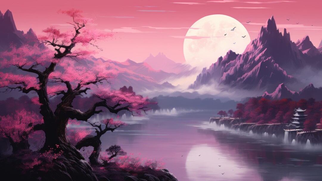 A breathtaking 4K wallpaper created by AI, featuring a picturesque Japanese cherry blossom landscape with delicate pink blossoms adorning serene sakura trees, capturing the beauty of spring and providing a tranquil background for your desktop.