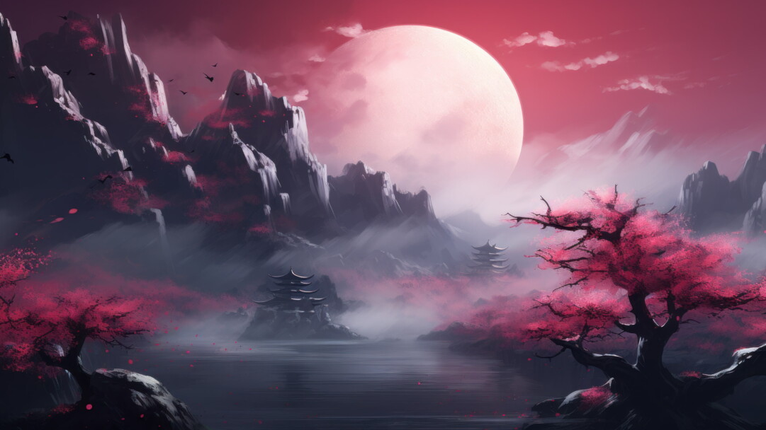 A breathtaking 4K wallpaper created by AI, featuring a picturesque Japanese cherry blossom landscape with delicate pink blossoms adorning serene sakura trees, capturing the beauty of spring and providing a tranquil background for your desktop.