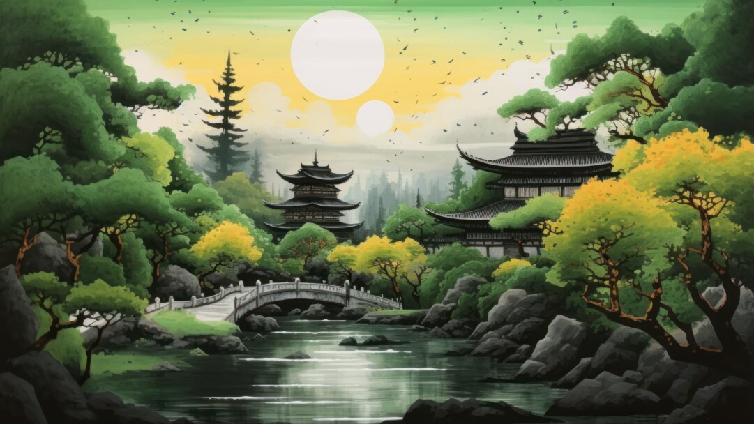 An enchanting 4K wallpaper created by AI, depicting a serene Japanese forest painting, capturing the beauty of nature in traditional Japanese aesthetics, a perfect choice to bring tranquility to your desktop background.