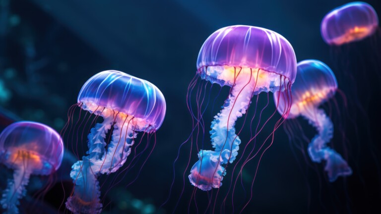 An enchanting 4K wallpaper crafted by AI, showcasing jellyfish gracefully floating in the deep sea, surrounded by the mystic allure of underwater life, an exquisite choice to enhance your desktop background.
