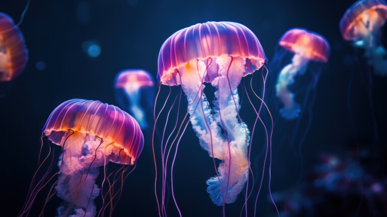 An enchanting 4K wallpaper crafted by AI, showcasing jellyfish gracefully floating in the deep sea, surrounded by the mystic allure of underwater life, an exquisite choice to enhance your desktop background.