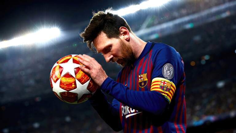 A high-quality 4K wallpaper capturing the greatness of Lionel Messi, a soccer legend and celebrated football player, ideal for fans of his remarkable skills and captivating celebrity aura.