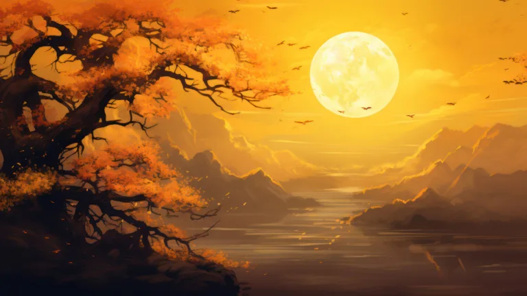 A stunning 4K wallpaper, exemplifying the breathtaking beauty of Moon Lake. The artwork showcases an enchanting Japanese painting featuring vibrant orange hues and a serene natural landscape.