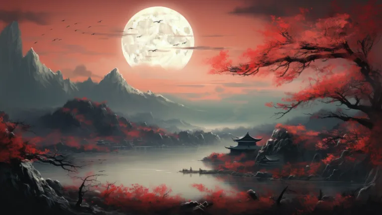 A breathtaking 4K wallpaper created by AI, featuring a captivating Japanese painting with the moon over a tranquil river, beautifully blending traditional artistry with a serene natural landscape, perfect for enhancing your desktop background.