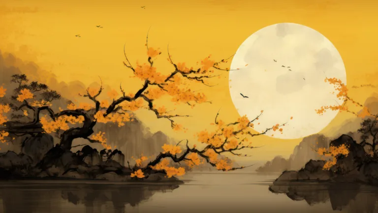 Immerse yourself in the serene beauty of a Japanese moon scenery depicted in stunning orange hues. This 4K wallpaper showcases a mesmerizing landscape art, digitally generated with AI technology.