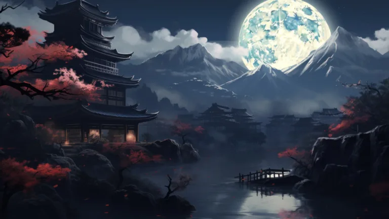 A serene 4K wallpaper created by AI, reminiscent of a beautiful Japanese painting bathed in moonlight, capturing the tranquil beauty of a nature scene in traditional art style, a perfect addition to your desktop background.