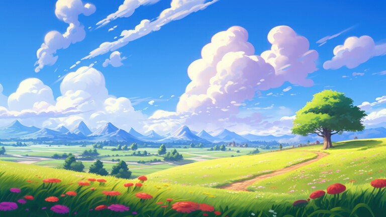 A serene 4K wallpaper created by AI, featuring a peaceful field landscape that exudes tranquility and the beauty of nature, making it a perfect choice for a calming and scenic desktop background.