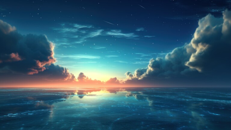 An exquisite 4K wallpaper created by AI, capturing the stunning moment where the sky seamlessly merges with the sea, showcasing a breathtaking coastal view that celebrates the beauty of nature's meeting point.