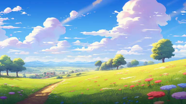 A breathtaking 4K wallpaper generated by AI, depicting a sunny field scenery with vibrant colors, capturing the beauty of a summer landscape and offering a serene and picturesque view, perfect for enhancing your desktop background.