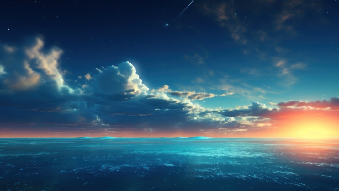 A breathtaking 4K wallpaper created by AI, capturing the serene beauty of a sunset over the sea, providing a stunning view of the ocean and the beach in the evening, perfect for enhancing your desktop background with the wonders of nature.