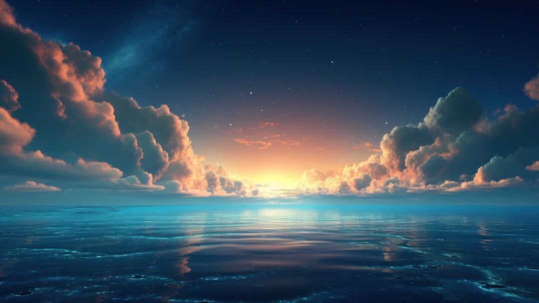 A breathtaking 4K wallpaper created by AI, capturing the serene beauty of a sunset over the sea, providing a stunning view of the ocean and the beach in the evening, perfect for enhancing your desktop background with the wonders of nature.