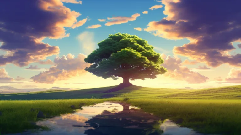 A serene 4K wallpaper generated by AI, capturing a tree illuminated by the warm glow of sunlight during the golden hour, celebrating the beauty of nature and offering a scenic landscape for your desktop background.