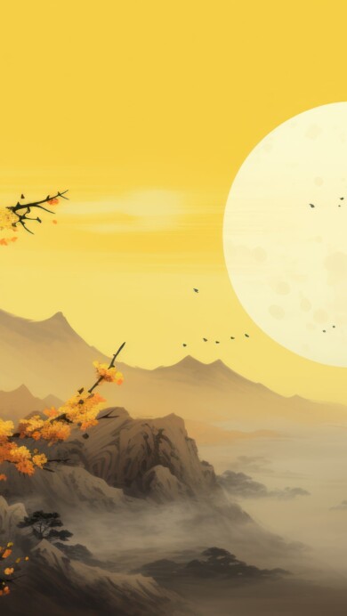 An exquisite 4K wallpaper created by AI, inspired by Japanese painting, featuring a yellow tree in a serene landscape, capturing the essence of Asian art with vibrant colors, perfect for enhancing your desktop background.