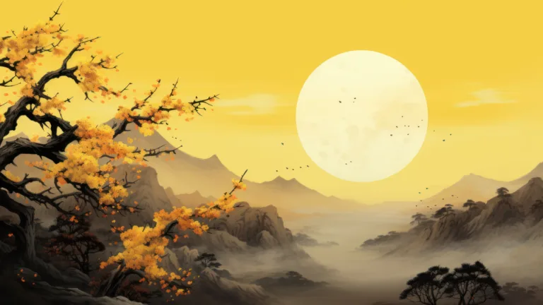 An exquisite 4K wallpaper created by AI, inspired by Japanese painting, featuring a yellow tree in a serene landscape, capturing the essence of Asian art with vibrant colors, perfect for enhancing your desktop background.