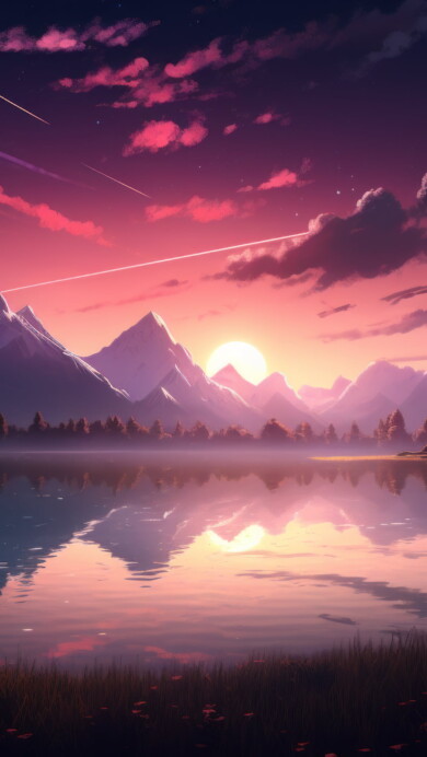 Immerse yourself in a cosmic dreamscape with this AI-generated 4K wallpaper, featuring a serene sunset, anime-inspired elements, a dazzling comet, and a starry night sky. This unique digital artwork combines celestial beauty with anime aesthetics, creating a surreal and imaginative masterpiece perfect for those seeking a captivating and creative desktop background.