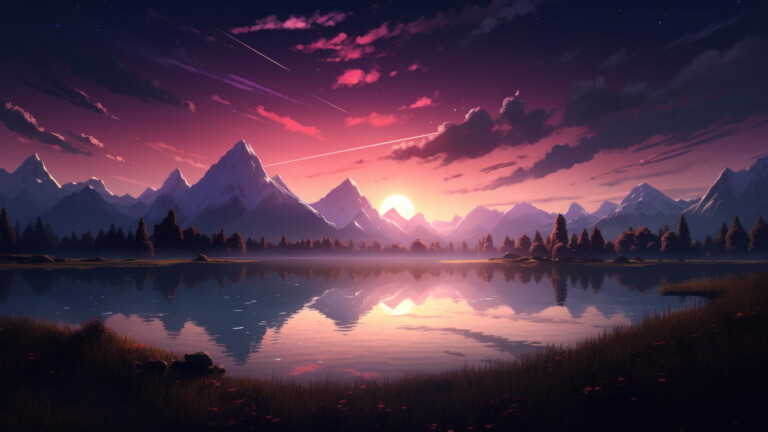 Immerse yourself in a cosmic dreamscape with this AI-generated 4K wallpaper, featuring a serene sunset, anime-inspired elements, a dazzling comet, and a starry night sky. This unique digital artwork combines celestial beauty with anime aesthetics, creating a surreal and imaginative masterpiece perfect for those seeking a captivating and creative desktop background.
