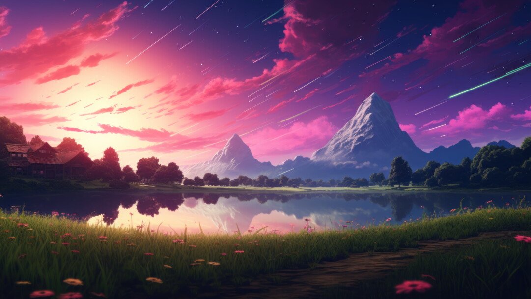 Transport yourself to a mesmerizing anime-inspired cosmic scene with this AI-generated 4K wallpaper, featuring a brilliant comet streaking through a starry night sky. This unique digital artwork seamlessly blends celestial beauty with anime aesthetics, creating a surreal and imaginative masterpiece perfect for those seeking a captivating and creative desktop background.
