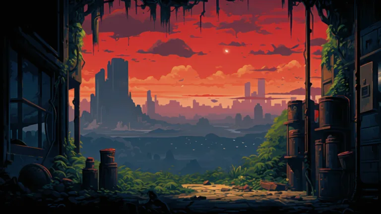 Immerse yourself in the nostalgic charm of AI-generated evening pixel art in mesmerizing 4K resolution. This unique wallpaper captures a tranquil sunset in a retro-style, evoking a sense of nostalgia and atmospheric beauty through digital artistry. Perfect for those who appreciate the allure of pixelated landscapes as a captivating and scenic desktop background.
