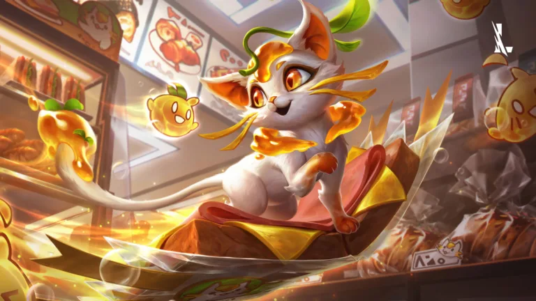 An appetizing 4K wallpaper featuring the delectable Food Spirit Yuumi skin, showcasing Yuumi, the Magical Cat, with a mouthwatering array of culinary delights in the vibrant world of League of Legends.