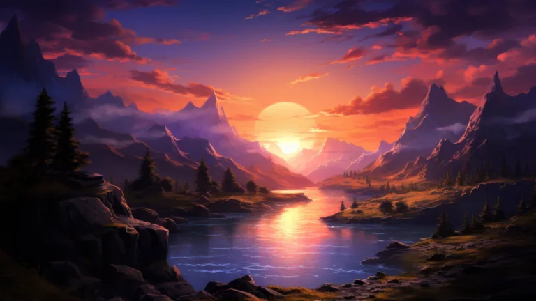 Immerse yourself in the serene beauty of a 4K sunset wallpaper where the tranquil evening sky meets the majestic mountains, creating a breathtaking scene. Ideal for those who appreciate the calming and scenic view of nature as a desktop background.