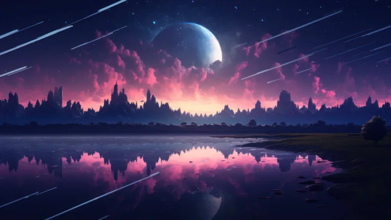 Enter a surreal and imaginative cosmos with this AI-generated 4K wallpaper featuring the moon, anime-inspired elements, a dazzling comet, and a starry night sky. This unique digital artwork blends celestial beauty with anime aesthetics, creating a surreal and cosmic masterpiece perfect for those seeking a captivating and creative desktop background.