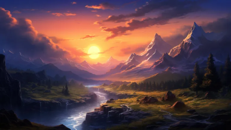Immerse yourself in the peaceful beauty of a 4K sunset wallpaper, where the serene evening sky bathes the mountains in a warm, tranquil light. Ideal for those who appreciate the calming and scenic view of nature as a desktop background.