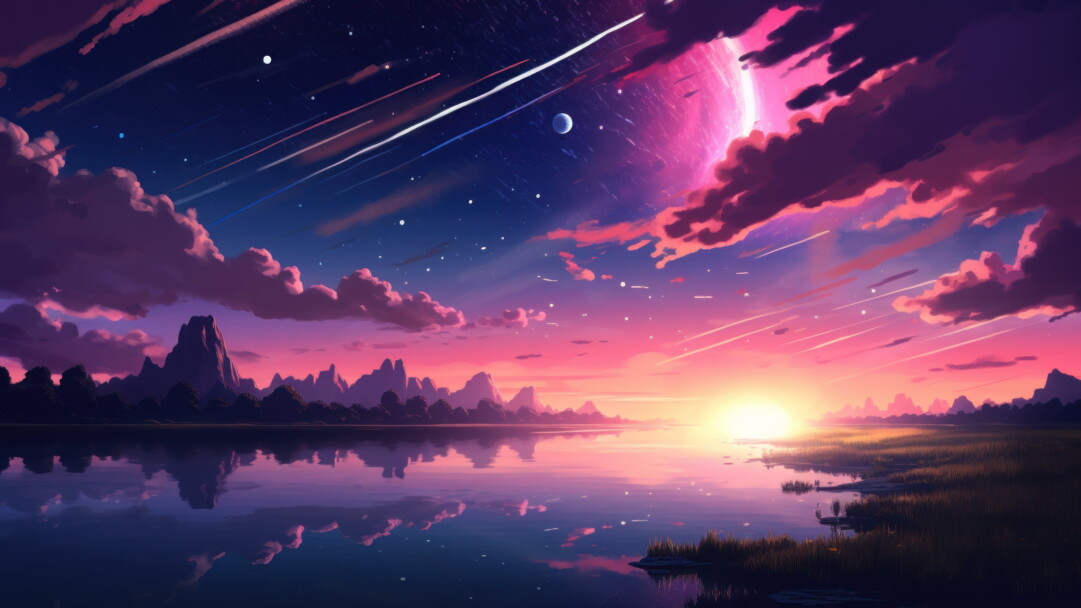 Immerse yourself in a cosmic dreamscape with this AI-generated 4K wallpaper, featuring a serene sunset, anime-inspired elements, a dazzling comet, and a starry night sky. This unique digital artwork combines celestial beauty with anime aesthetics, creating a surreal and imaginative masterpiece perfect for those seeking a captivating and creative desktop background.
