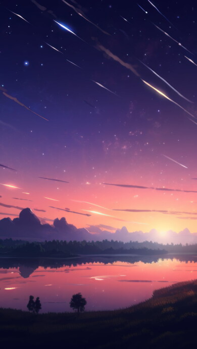 Immerse yourself in a cosmic dreamscape with this AI-generated 4K wallpaper, featuring a serene sunset, anime-inspired elements, a dazzling comet, and a starry night sky. This unique digital artwork combines celestial beauty with anime aesthetics, creating a surreal and imaginative masterpiece perfect for those seeking a captivating and creative desktop background.