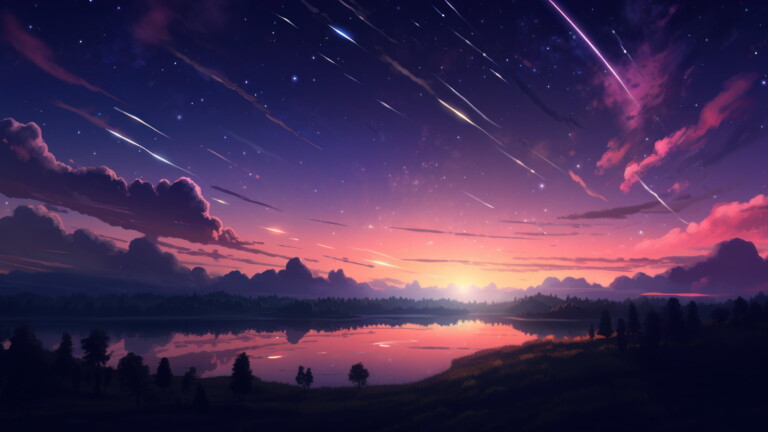 Immerse yourself in a cosmic dreamscape with this AI-generated 4K wallpaper, featuring a serene sunset, anime-inspired elements, a dazzling comet, and a starry night sky. This unique digital artwork combines celestial beauty with anime aesthetics, creating a surreal and imaginative masterpiece perfect for those seeking a captivating and creative desktop background.