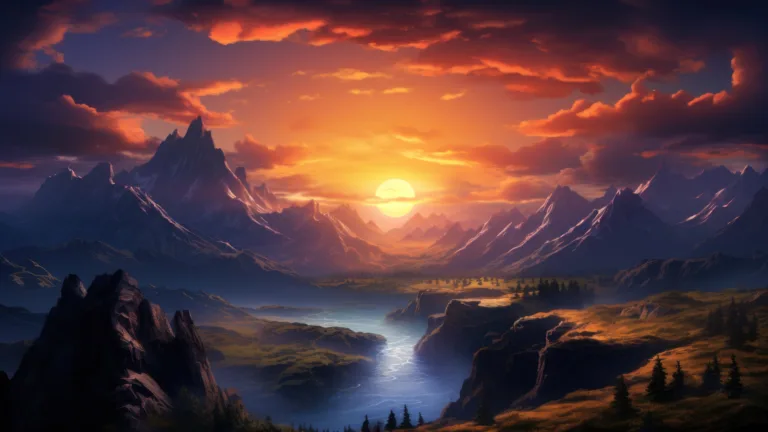 Immerse yourself in the serene beauty of a 4K sunset wallpaper, capturing the breathtaking colors of the evening sky as the day transitions into twilight, set against a majestic mountain backdrop. Ideal for those who appreciate the beauty of nature and a calming scenic view as a desktop background.