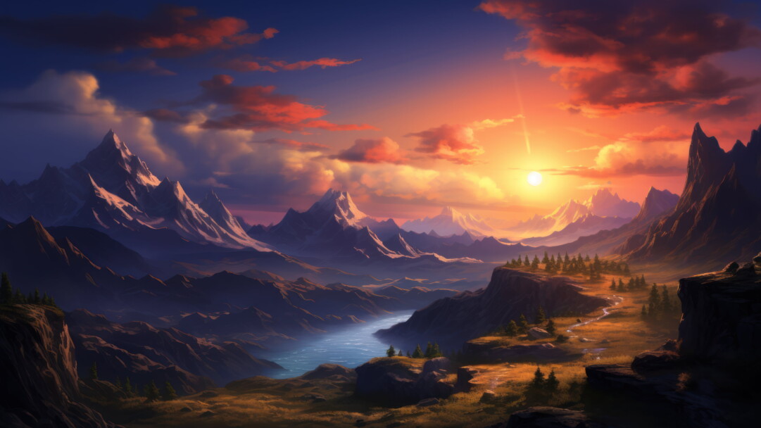 Experience the serene beauty of a 4K sunset wallpaper, capturing the breathtaking colors of the evening sky as the day transitions into twilight, set against a majestic mountain backdrop. Ideal for those who appreciate the beauty of nature and a calming scenic view as a desktop background.