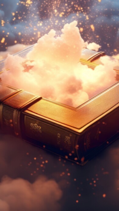 A captivating 4K wallpaper displaying a brilliant, magical book enveloped by swirling clouds, created using AI technology. The image exudes a sense of wonder and enchantment with its gleaming book amidst a celestial backdrop. Perfect for enhancing your desktop or device background.