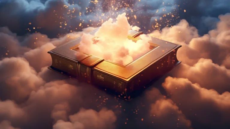 A captivating 4K wallpaper displaying a brilliant, magical book enveloped by swirling clouds, created using AI technology. The image exudes a sense of wonder and enchantment with its gleaming book amidst a celestial backdrop. Perfect for enhancing your desktop or device background.