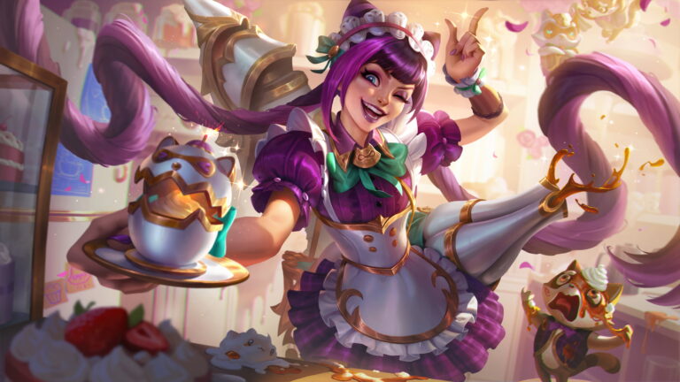 A delightful 4K wallpaper featuring the lovable Cafe Cuties Jinx skin, showcasing Jinx, the Loose Cannon, in an endearing coffee shop setting in the enchanting world of League of Legends.