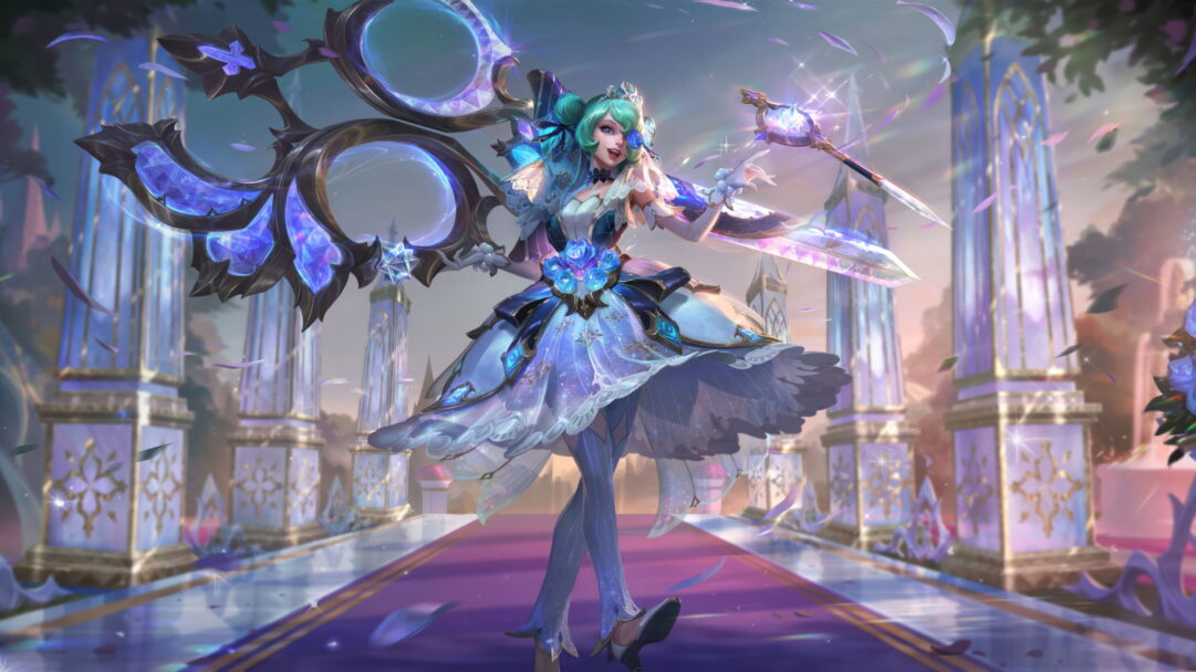 An exquisite 4K wallpaper showcasing the ethereal Crystal Rose Gwen skin, featuring Gwen, the Hallowed Seamstress, in a magical world within the popular game, League of Legends.