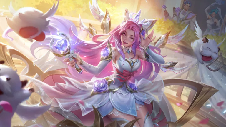 A breathtaking 4K wallpaper showcasing the exquisite Crystal Rose Seraphine skin in the dynamic world of Wild Rift, featuring Seraphine, the Starry-Eyed Songstress, in a mesmerizing display of enchanting flora and musical magic.