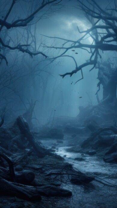 Immerse yourself in the eerie ambiance of Halloween with this mesmerizing 4K wallpaper. Featuring a dark and foggy forest created by AI, this image is an excellent addition to your high-resolution desktop background during the spooky holiday season.