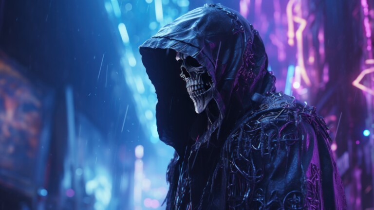 Embrace the haunting presence of the Grim Reaper with this 4K wallpaper, created through AI. It's a perfect choice for your high-resolution desktop background during the spooky holiday season.
